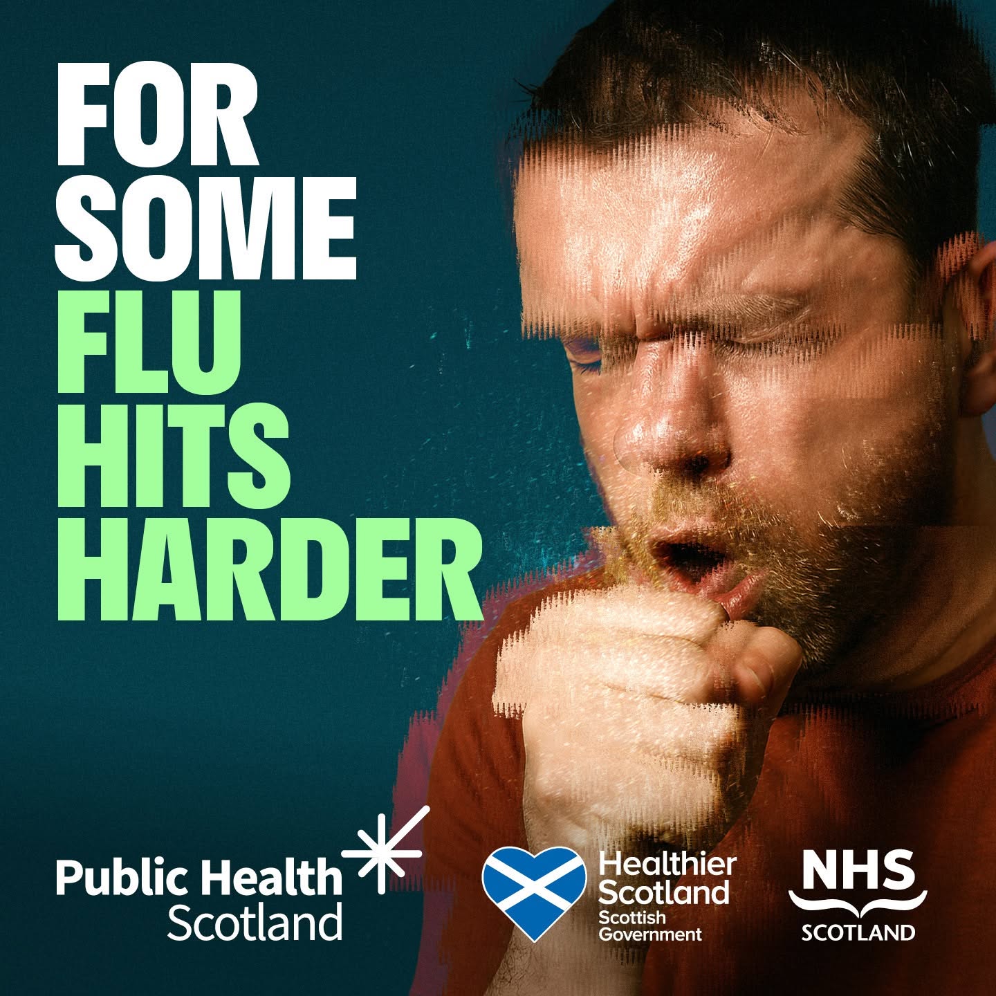 Flyer with the wording 'For some flu hits harder'. A blurred photo of a man coughing is featured