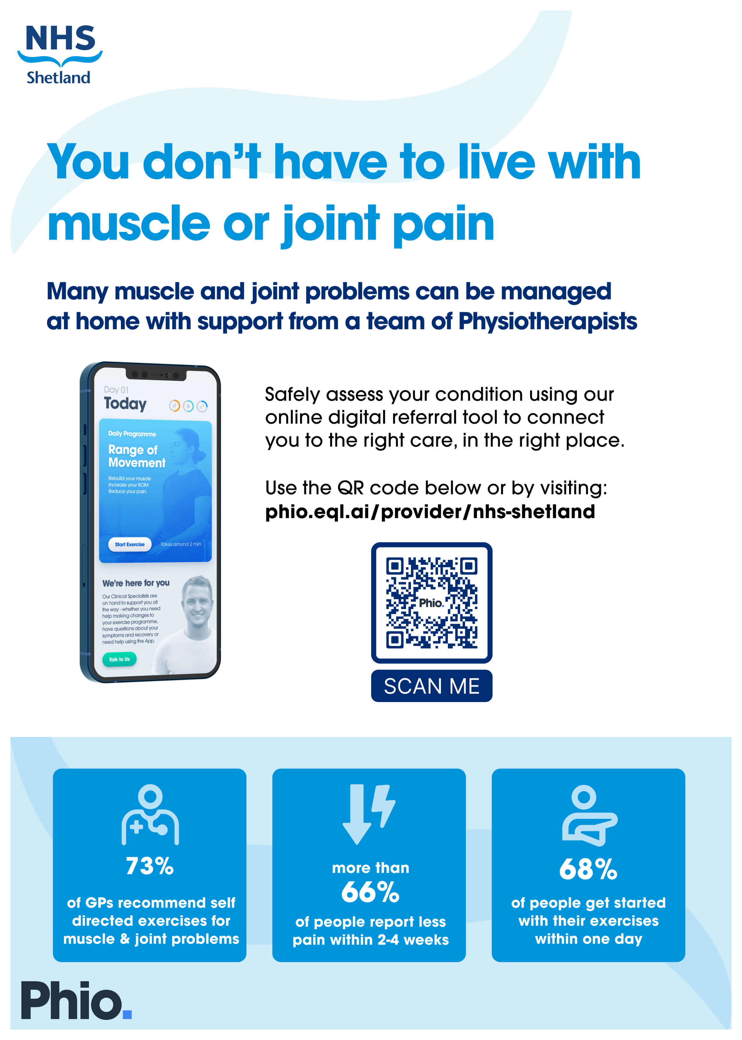 A poster featuring a QR code and an image of a mobile phone regarding the launch of Phio. The poster is in white, blue and black.