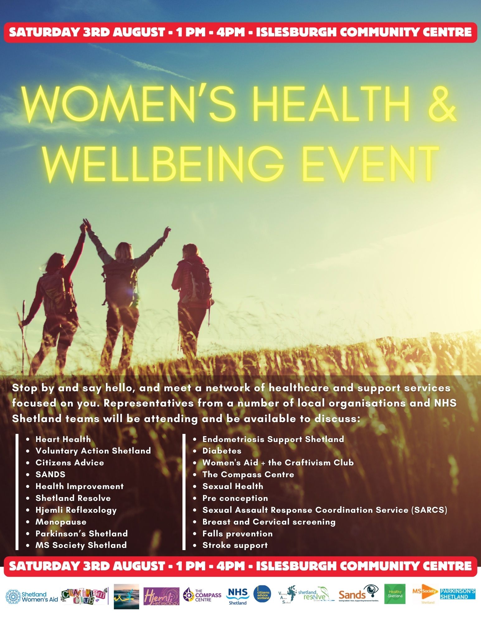 Poster with women at sunset and text stating Women's Health and Wellbeing event and the organisations attending