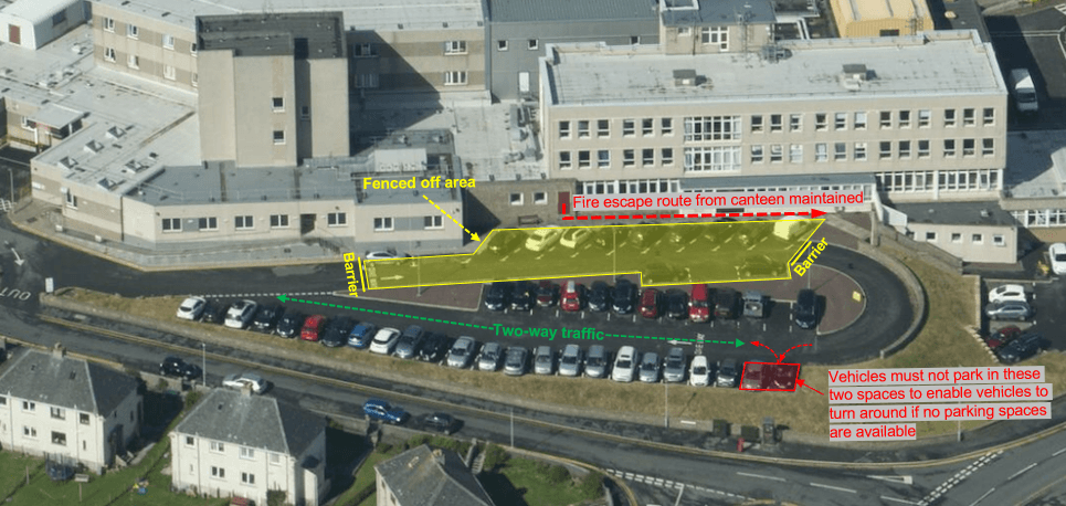A map of the car park at the Gilbert Bain Hospital with yellow and red markings.