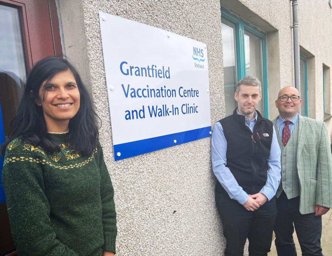 Dr Deepa Shah, Brian Chittick, Chief Executive and Antony McDavitt, Director of Pharmacy and Interim Depute Chief Officer for the Shetland Health and Social Care Partnership at the Walk-In Clinic at Grantfield.