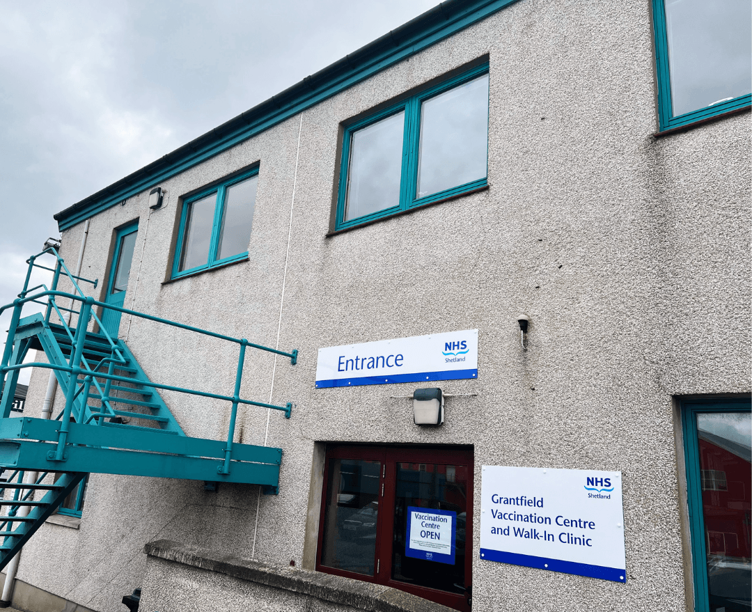 The new walk-in clinic is based at Grantfield in Lerwick. Photo of the building with the new signage.